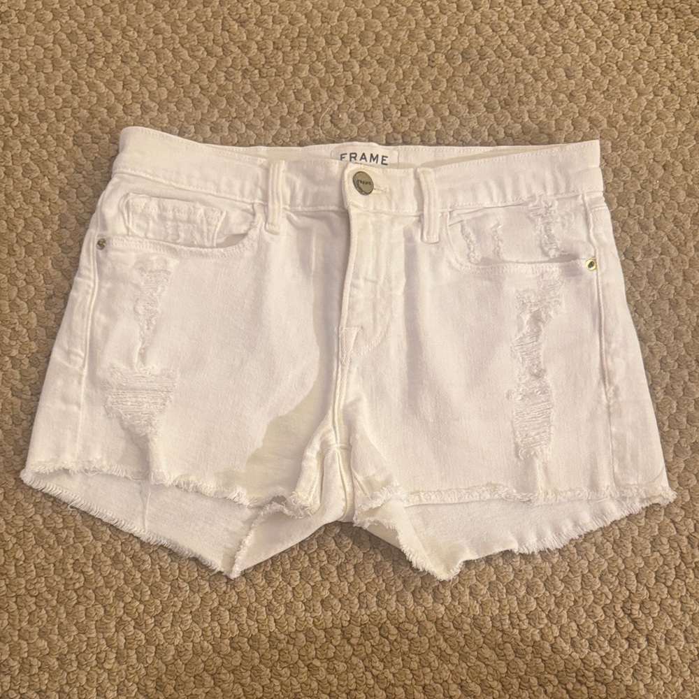 Frame Denim White Distressed Frayed Hem Jean Shorts